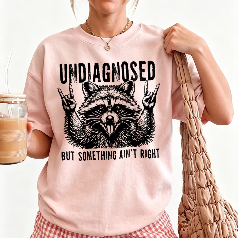 Undiagnosed But Something Ain't Right Graphic T Shirt Retro Raccoon Rock Hand Sign Funny Mental Health Humor Print Meme Gift Top