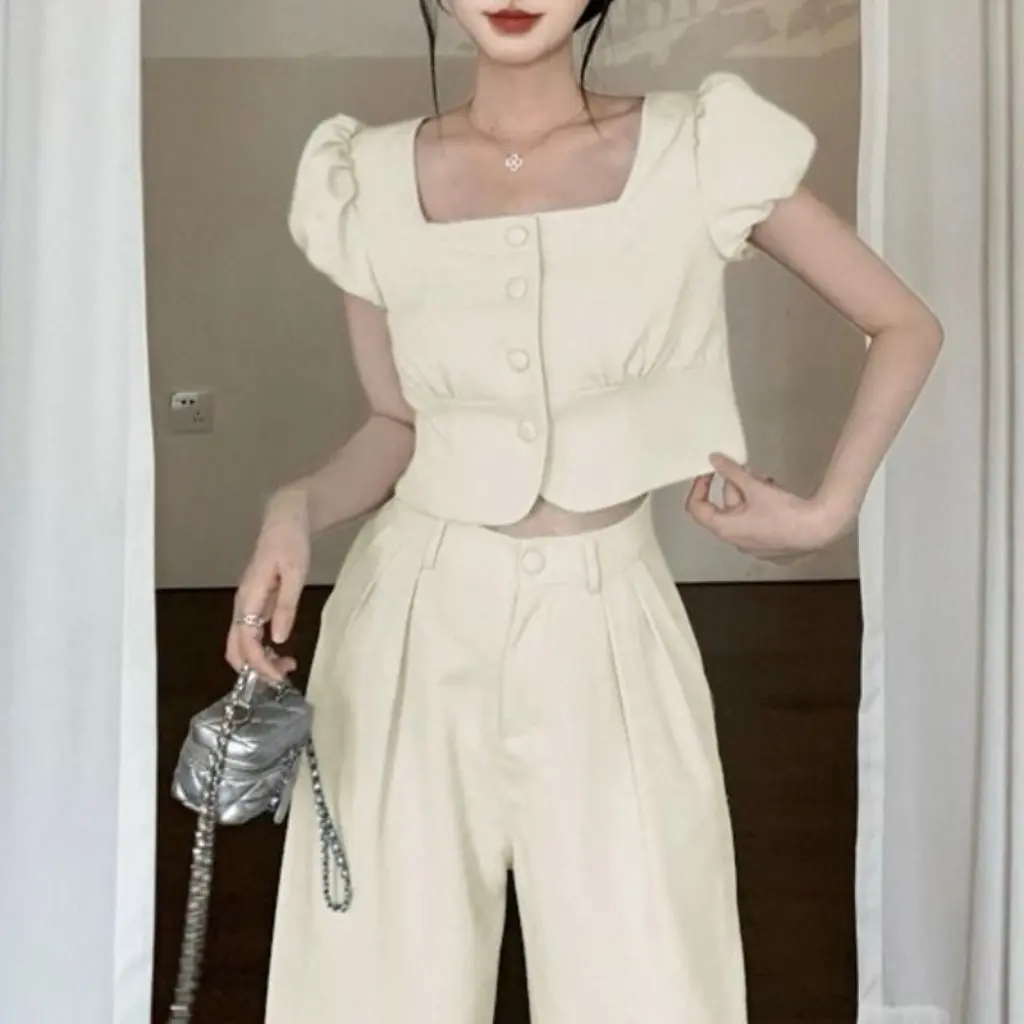 

Feminine Ladylike Style Two-Piece Set Square Collar Short-Sleeved Design Top with High-Waisted Solid Color Trousers for Summer