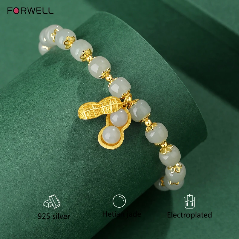 FORWELL Women's Natural Hetian Jade Beaded Bracelet Adjustable Hand-Carved Fashion Jewelry Gift Woman Customized