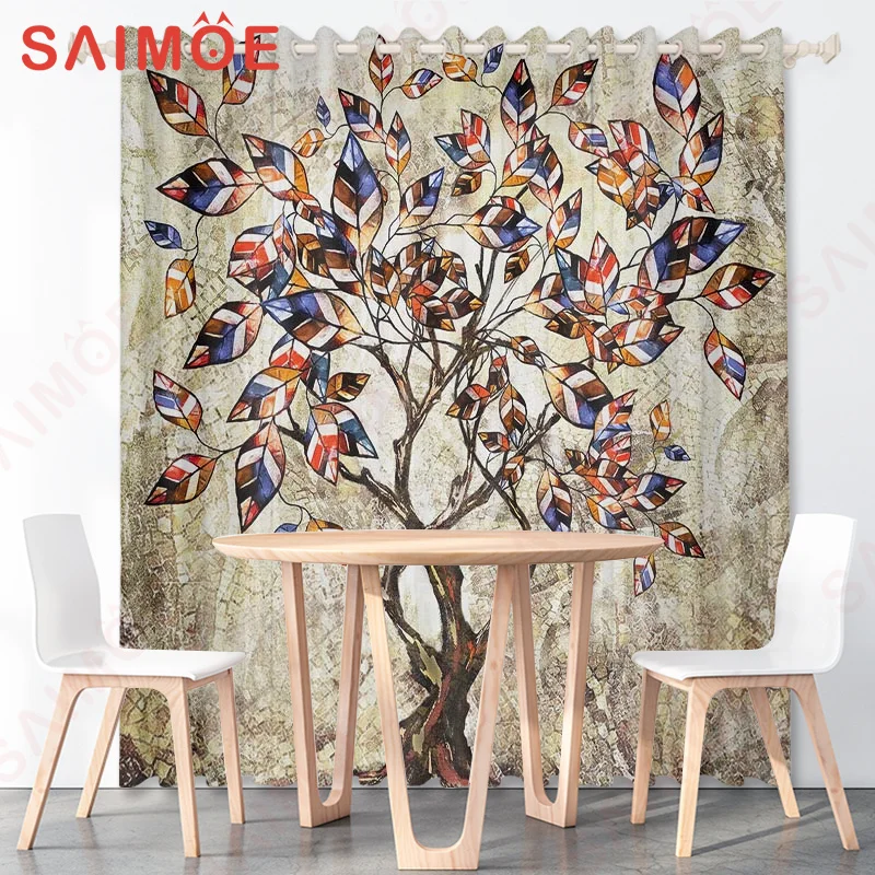 HD Vintage Literary Colorful Tree Custom Curtains Plants Glass Turtle Animals Thin Polyester Fabric Office Decoration with Hooks