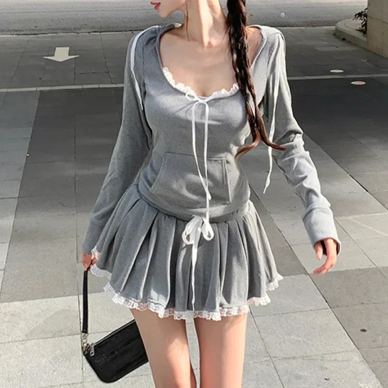 Vintage Korean Retro Contrast Color Patchwork Pleated A-line Skirt Women + Hooded Long Sleeve T-Shirt Two-pieces Sets Y2k Suit