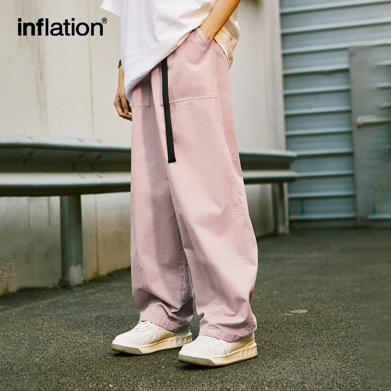 INFLATION Pink Wide Leg Pants Mens Slacks Elastic Waist 100% Cotton Trousers Unisex Straight Leg Pants