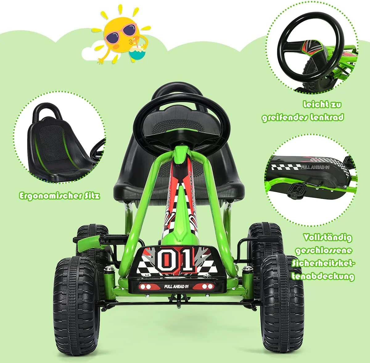 Go-Kart mit verstellbarem Sitz, Go-Kart mit Handbremse, Tretauto bis 30 kg, Pedal-Gokart, Tretenfahrzeug – Detail 3