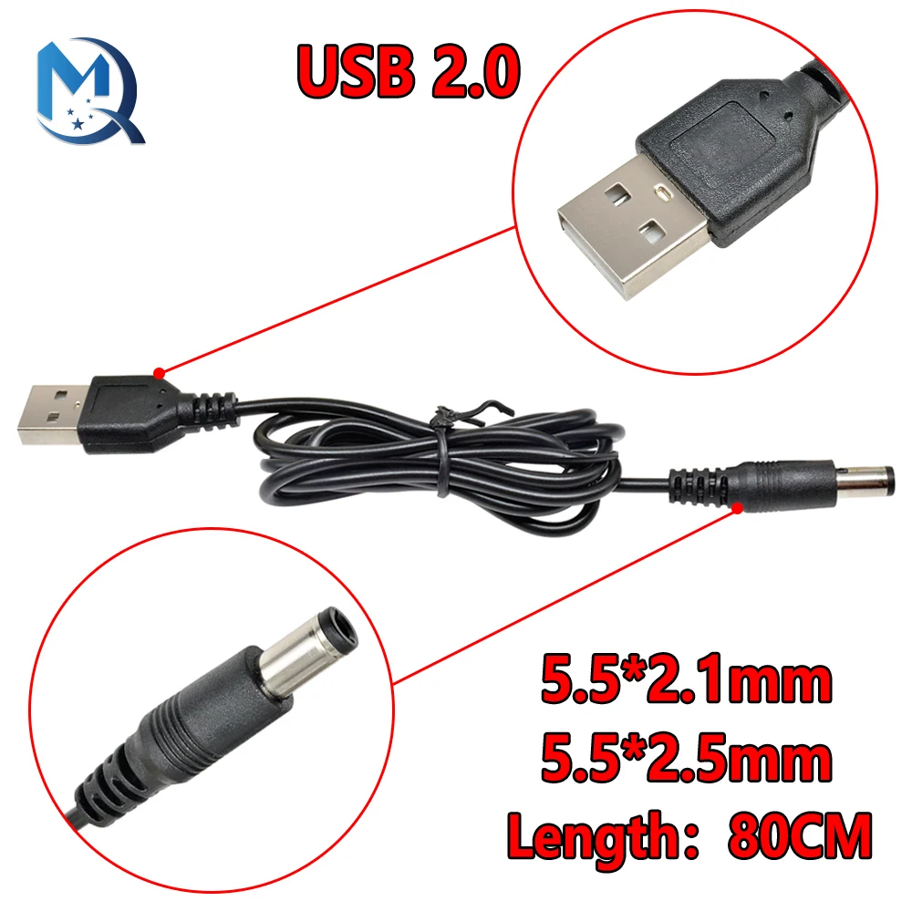 USB 2.0 A Male to DC 5.5mm x 2.5mm Plug DC Power Cord Socket Cable Line 80cm DC to USB Converter Adapter Cable 2.1mm