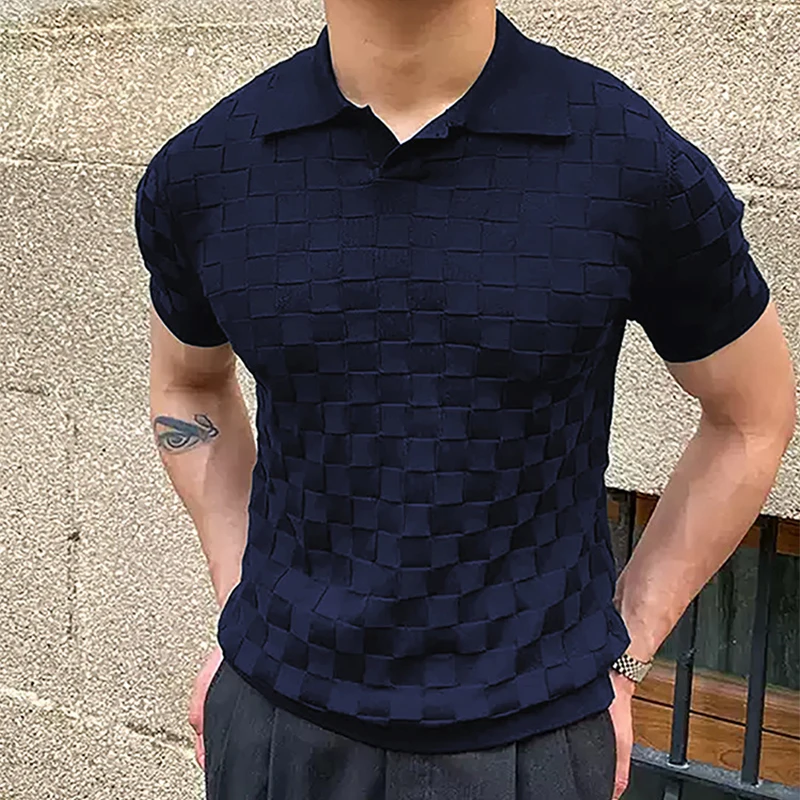 Vintage Plaid Jacquard Knitted Polo T Shirts Men Summer Casual Breathable Thin Knit Tops Mens Knitwear Fashion Slim Polo Shirts