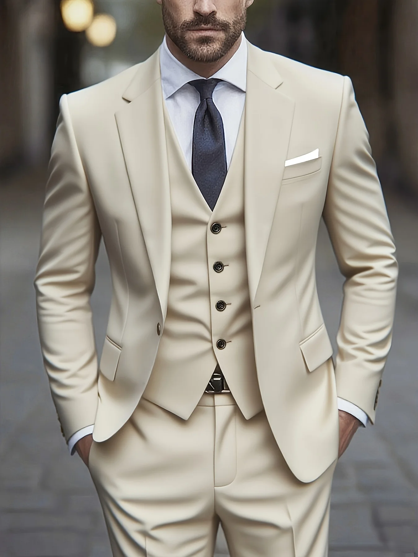 

Men's 3-piece suit, green fruit collar, large suit, suit pants, formal tie, wedding dress, vest, work uniform, holiday gift.