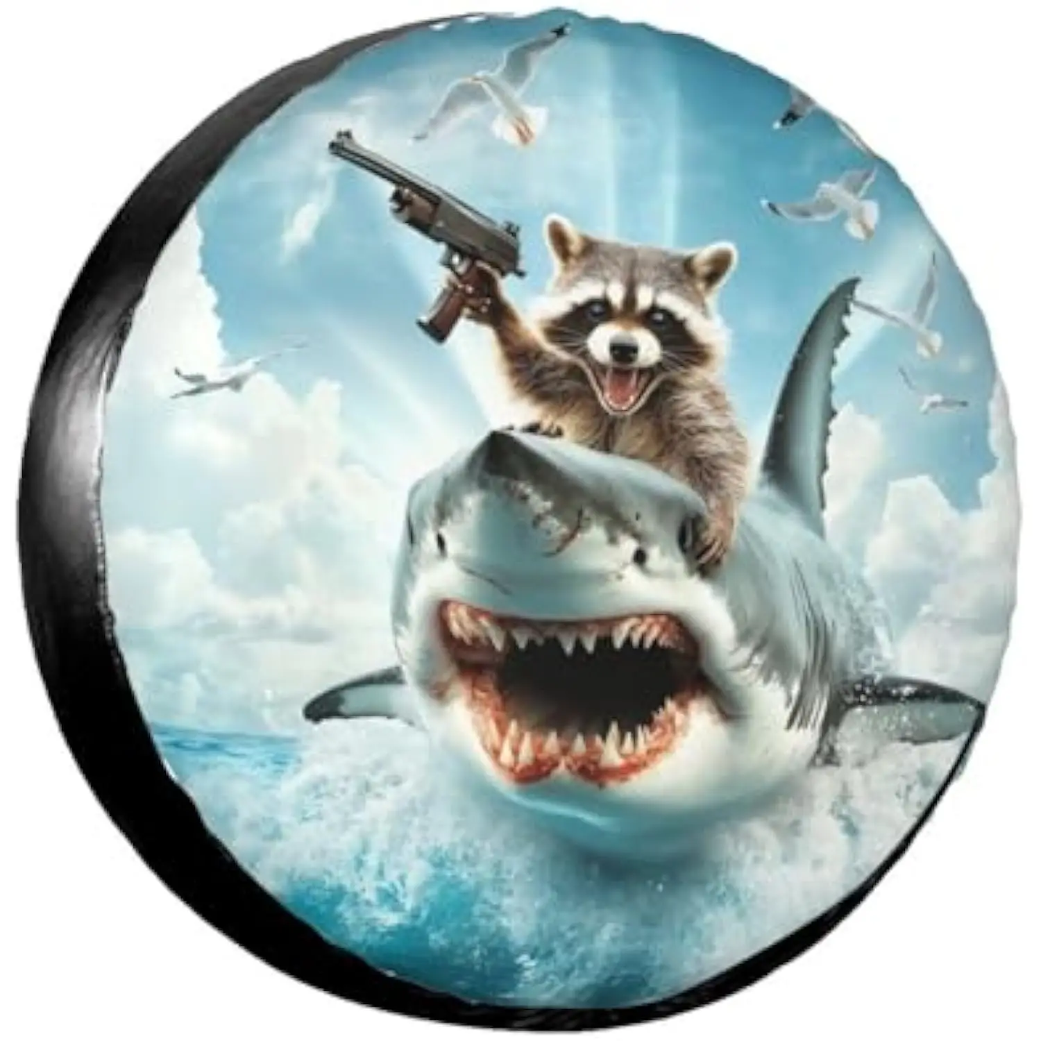 

Raccoon Riding Shark Funny Spare Tire Cover Waterproof Wheel Protector for SUV RV Trailer Camping