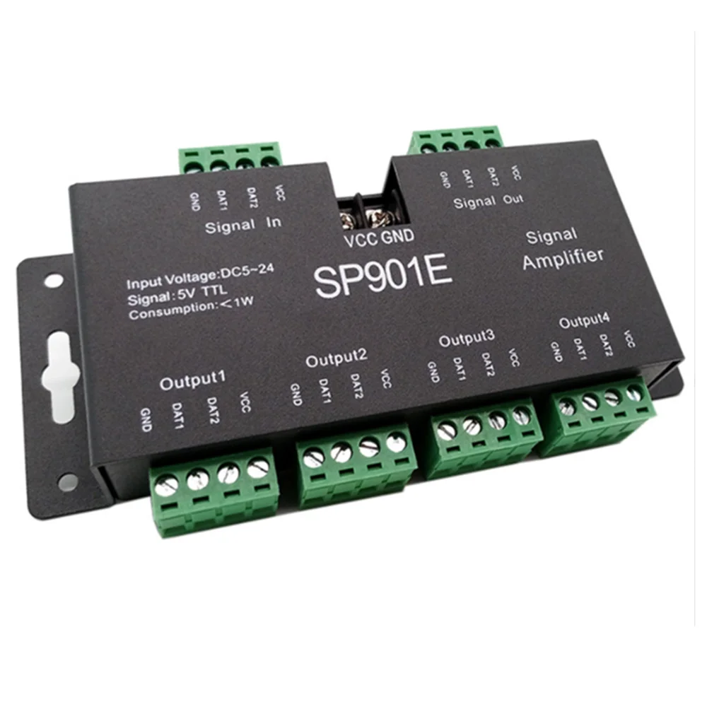 

SP901E SPI Signal Amplifier Repeater for WS2812B WS2811 WS2813 RGB Addressable LED Pixel Strip Programmable Matrix Panel Light