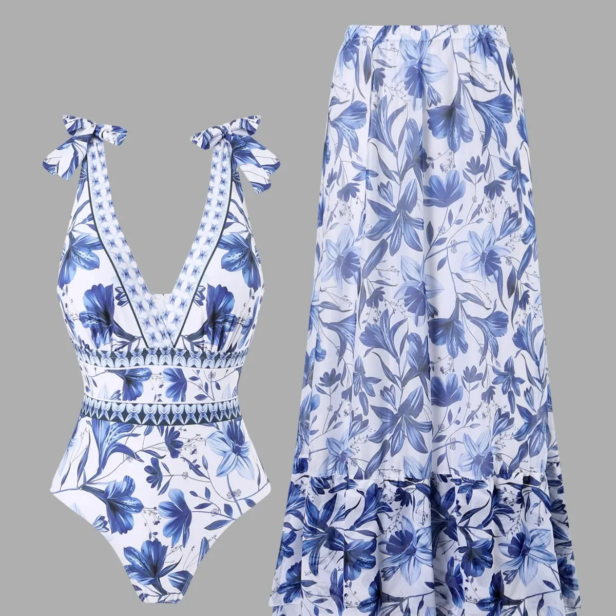 Traje de baño de Bikini Sexy con falda de gasa, cuello redondo, doble hombro, cuello en V, conjunto de cobertura de barriga conservador para playa