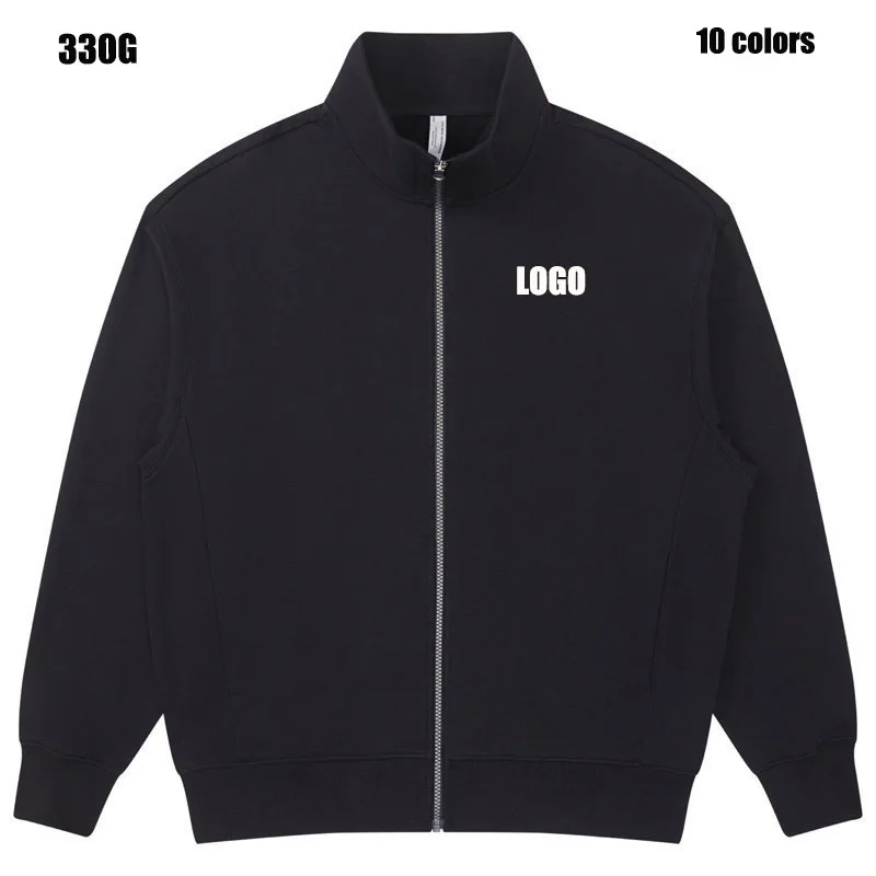 Custom LOGO men women Spring  Autumn 330G100% Cotton Youth Campus Stand-up Collar Sports Sweater Zipper  Loose Casual Jacket Top