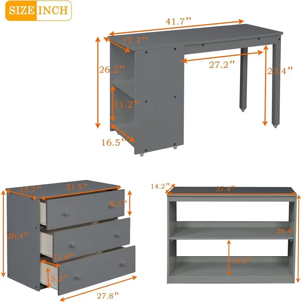 Gray Twin Size Low Loft Bed with Storage Cabinet and Rolling Desk for Kids and Teens