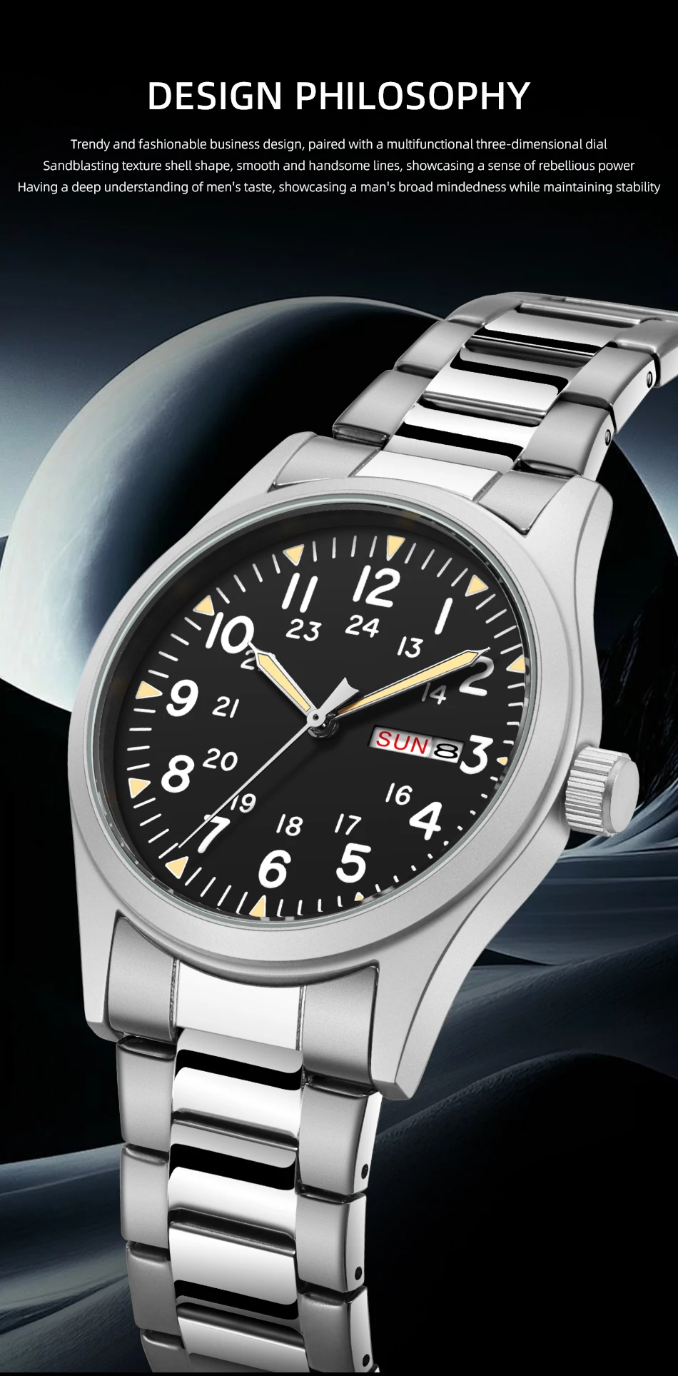 2026 Herren 38mm Leuchtende Zifferblatt-Uhr mit Tages- und Datumsanzeige, im Dunkeln leuchtend, grün, 30M wasserdicht, Felduhr mit Edelstahlarmband – Detail 4