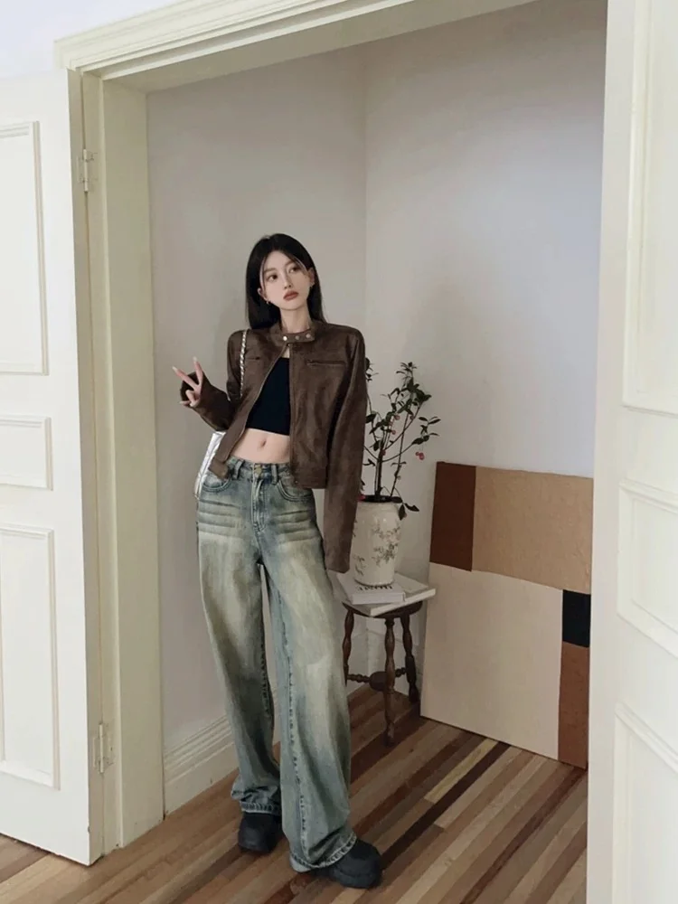 아메리칸 슬레 빈티지 브라운 롱 슬리브 가죽 재킷 여성용 루즈 슬림 캐주얼 탑 여름 패션 폴리에스터 섬유