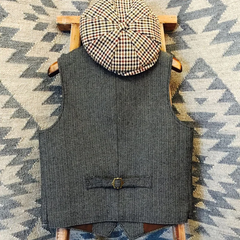 Gilet di lana a spina di pesce retrò britannico autunno e inverno Gilet da uomo slim in tweed Business Casual di grandi dimensioni alla moda