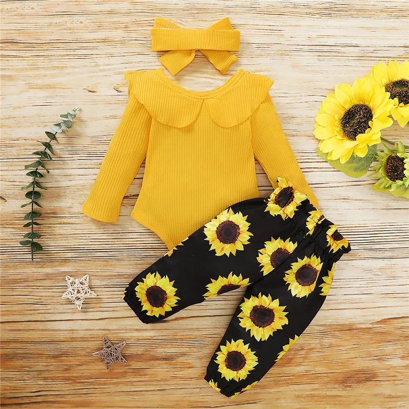 0-24months Baby Girls Clothes Set Solid Yellow Ribbing Romper Sunflower Loose Trousers Bow Headband Girls 3pcs Outfits