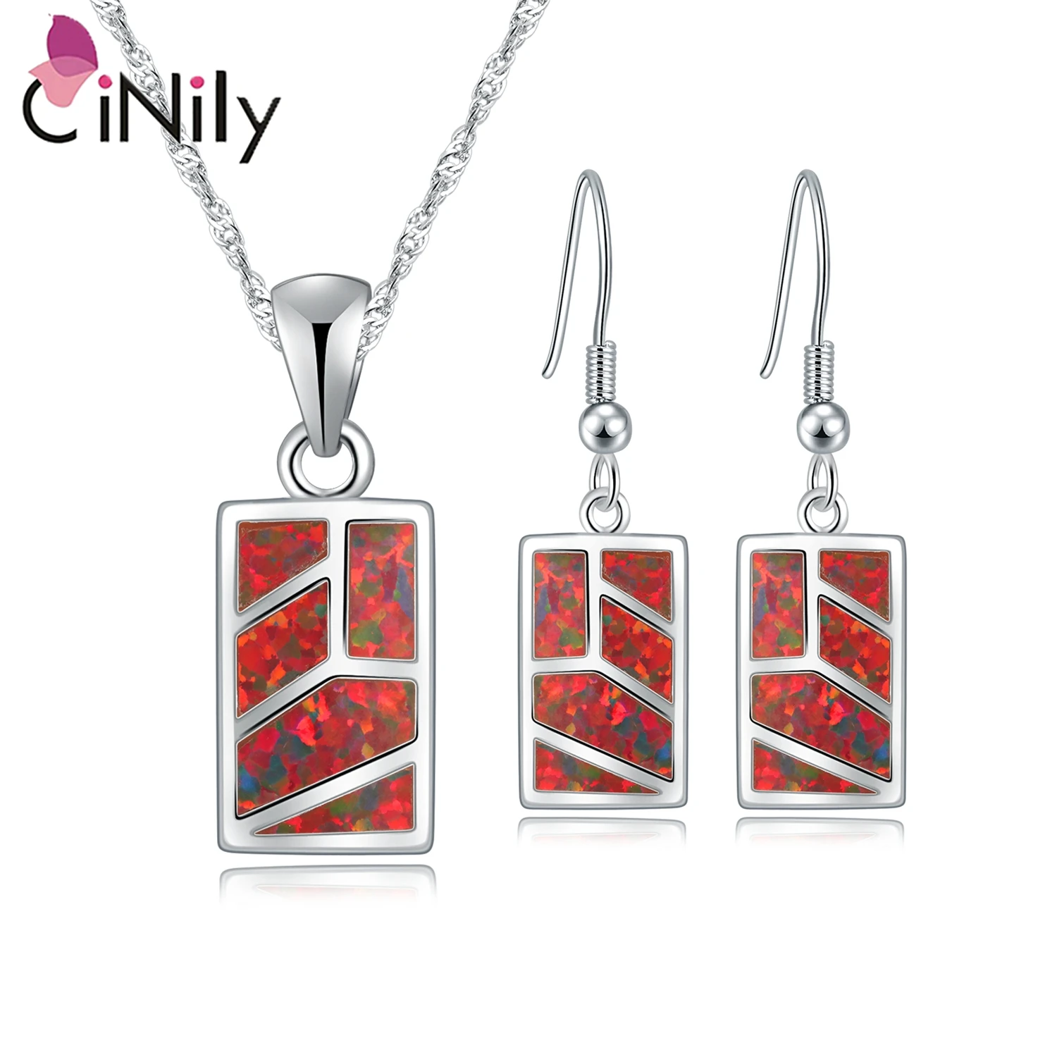 

CiNily Created Orange Fire Opal Jewelry Sets Silver Plated Rectangle Pendant Necklace Earrings Fashion Jewelry for Women Girls