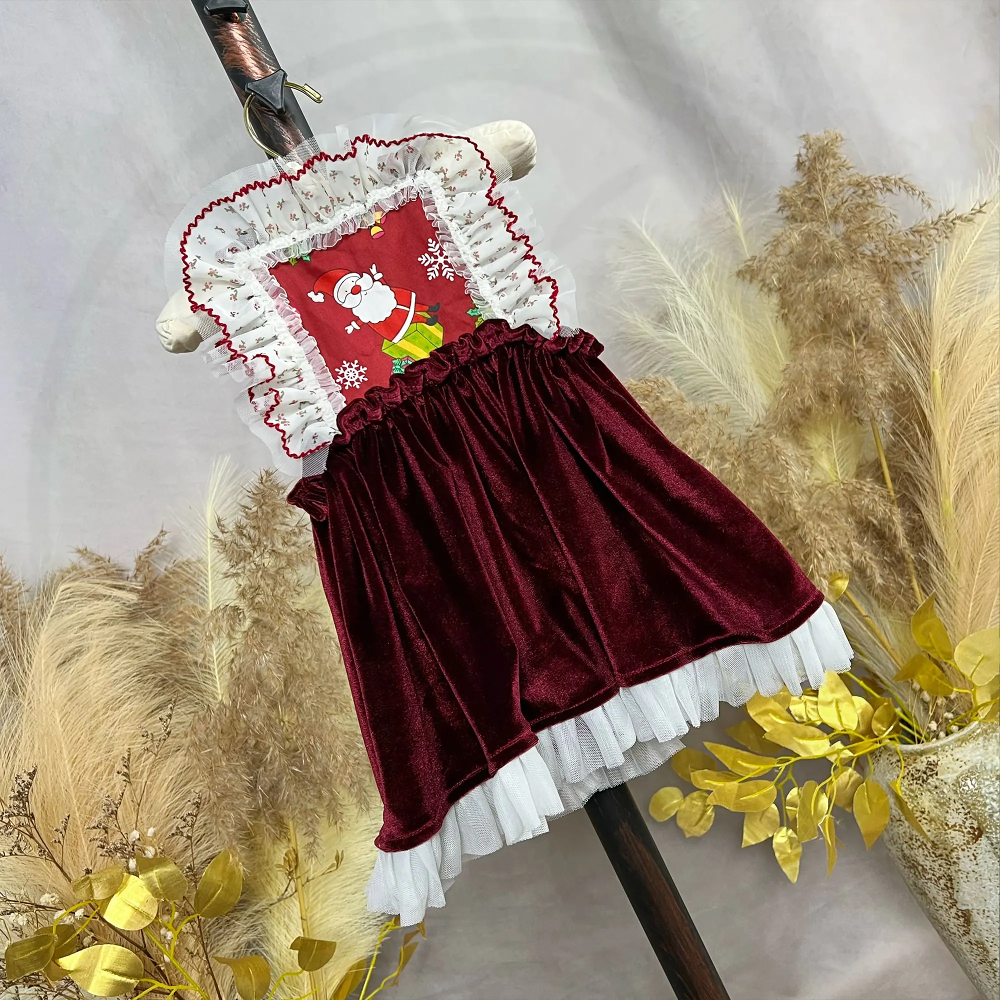 Don&Judy Ärmelloses Kleid mit quadratischem Ausschnitt, Samtrand und Hosenträgern und Weihnachtsmann-Stickerei, festliches Prinzessin-Ballkleid für Weihnachten