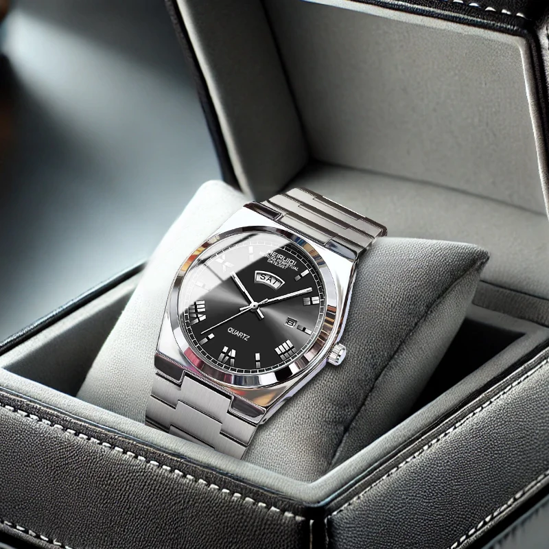 

Мужские серебряные часы с римскими цифрами на циферблате и функцией отображения дня недели для роскошного делового и повседневного использования, кварцевые.