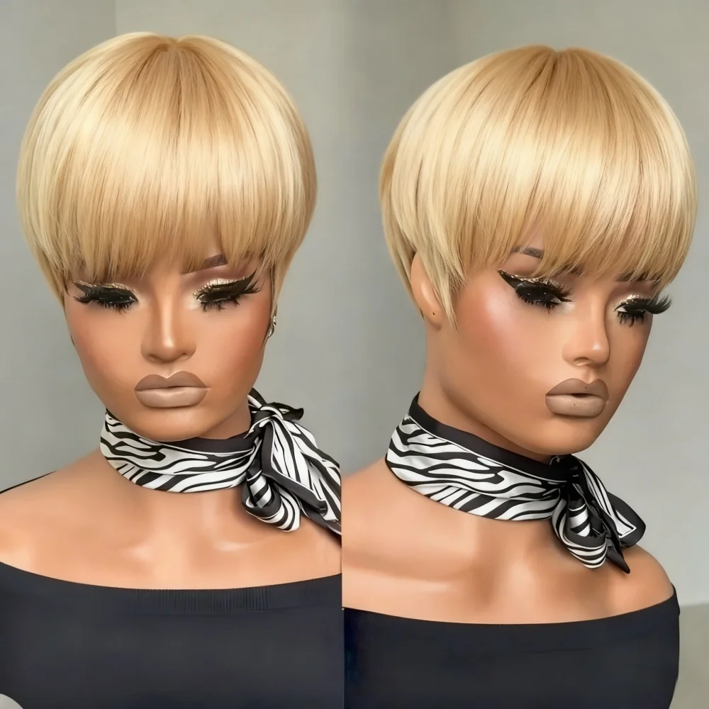 Parrucca corta con taglio pixie con frangia Parrucca per capelli lisci naturale bionda/rossa completamente realizzata a macchina