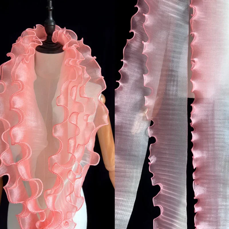 Pleated Organza Fabric Gradient Ruffle 3D Pleated Organza Fabric DIY Skirts Wedding Dress(Straightened Measuring Length 5 Yards)