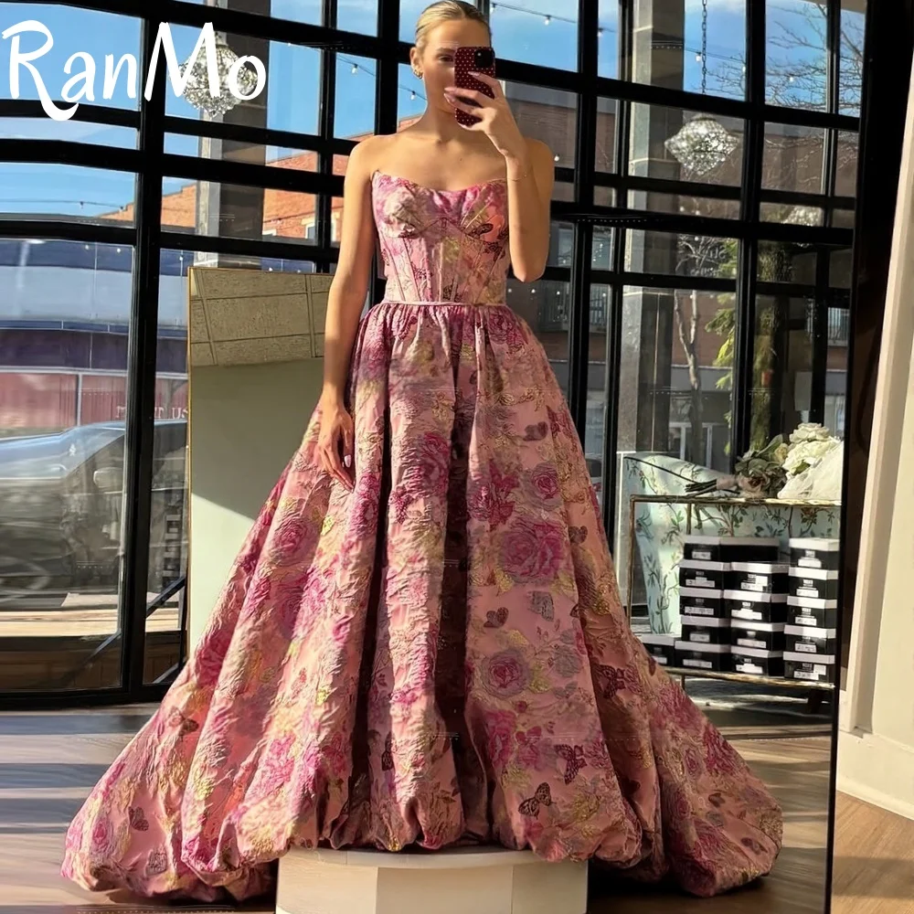 

Ranmo Элегантное розовое жаккардовое вечернее платье трапециевидной формы без бретелек длиной до пола, без рукавов, индивидуальные платья для выпускного вечера, торжественное платье