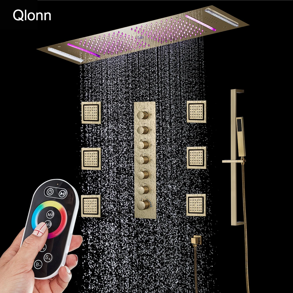 

Душевая система Qlonn 35*12 дюймов для отелей, золотая, для двоих, с термостатическим смесителем, скрытая установка, умная музыкальная душевая панель
