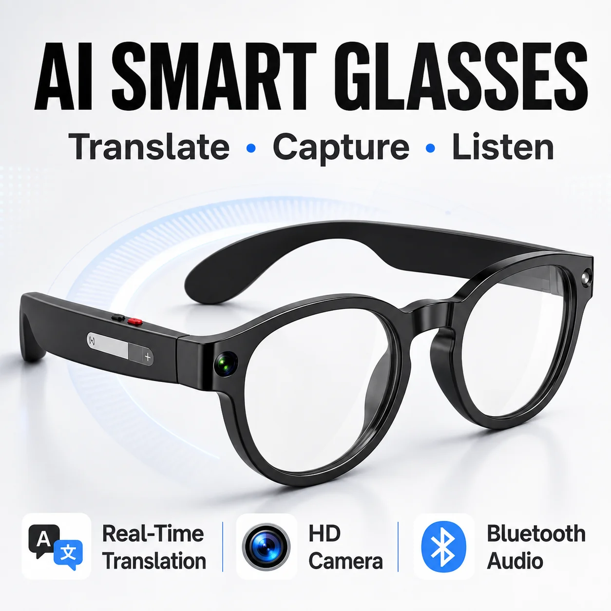 AI Smart Bluetooth Glasses 5MP Camera 1080P Video Real-Time Translation Image Recognition Open-Ear Audio Calls