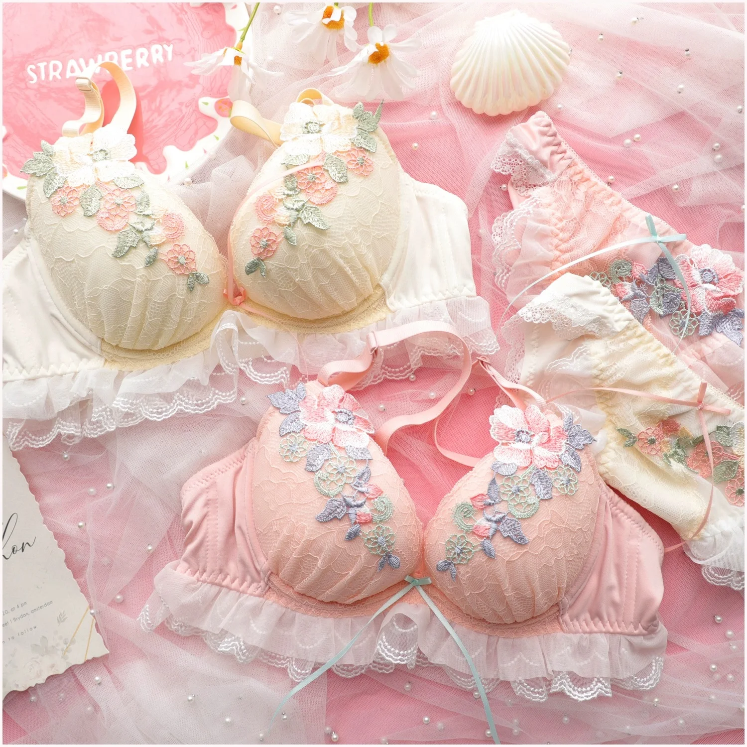 Japanese Comfortable Side Gathering Thin Sweet Lingerie Embroidered Bra Set Girls Cute Removable Strap Underwear