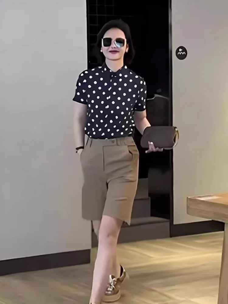 Chique Polka Dot Design Zomer Pendelen Sle Dames irt ort Sve Slim Fit Koreaanse versie Recht gesneden blouse met knopen