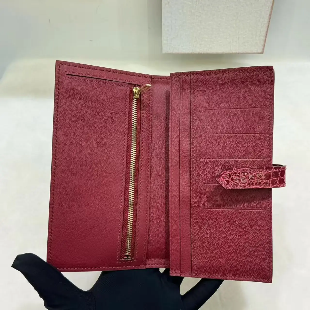 High Glossy Shinny Red Color Genuine crocodile skin wallet Long size alligator leather purse bank card holder case