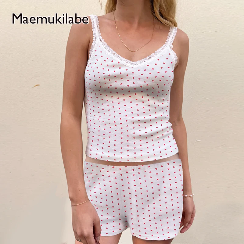 Maemukilabe Vrouwen 2-delige Outfits Hart/Aardbei Print V-Hals Hemdje + Korte Broek Vintage Kant Crop Tops Zomer Lounge