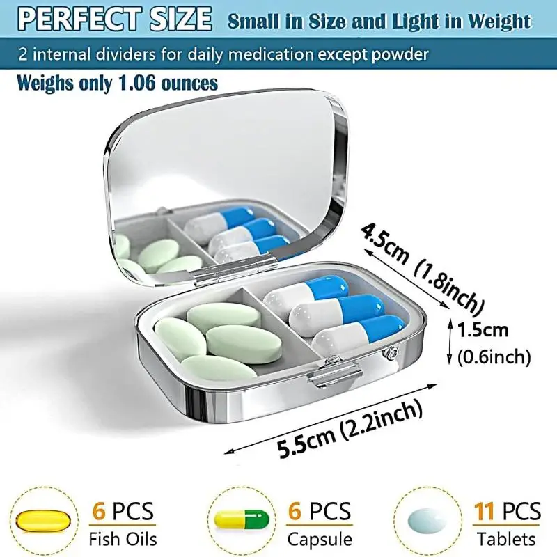 Portable Metal Pill Case Creative Sardine Print 2 Compartment Mini Medicine Organizer for Travel Daily Use