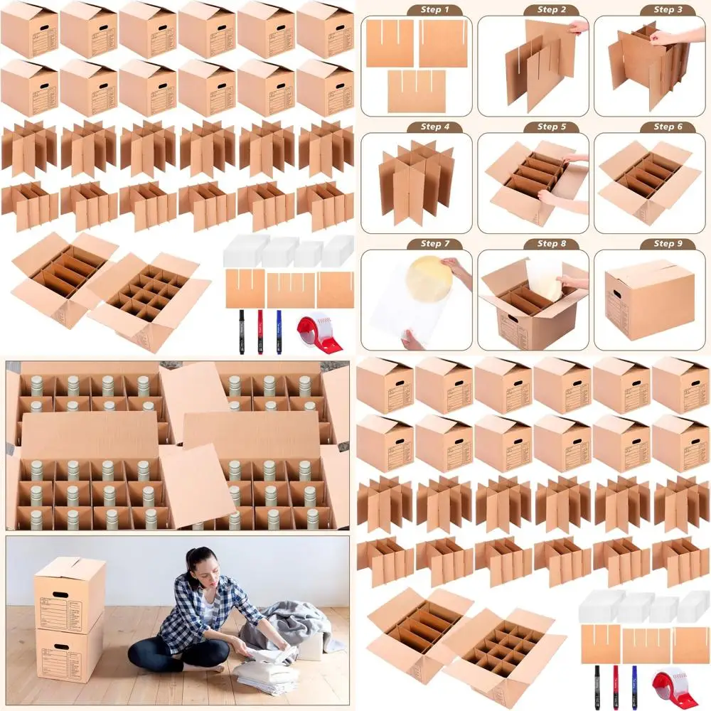 

12-Pack Kitchen Moving Boxes with Handle Holes, 16x12x13 Inches, Complete with Glassware Dividers, Foam Pouches, and Tape for Ki