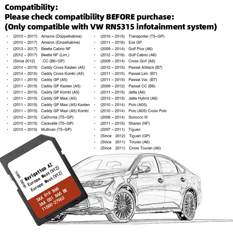 Cartão SD original de navegação Europa West RNS 315 Navi Software 3AA 919 866 para VW Platform AZ V12 Sat Nav entrega gratuita