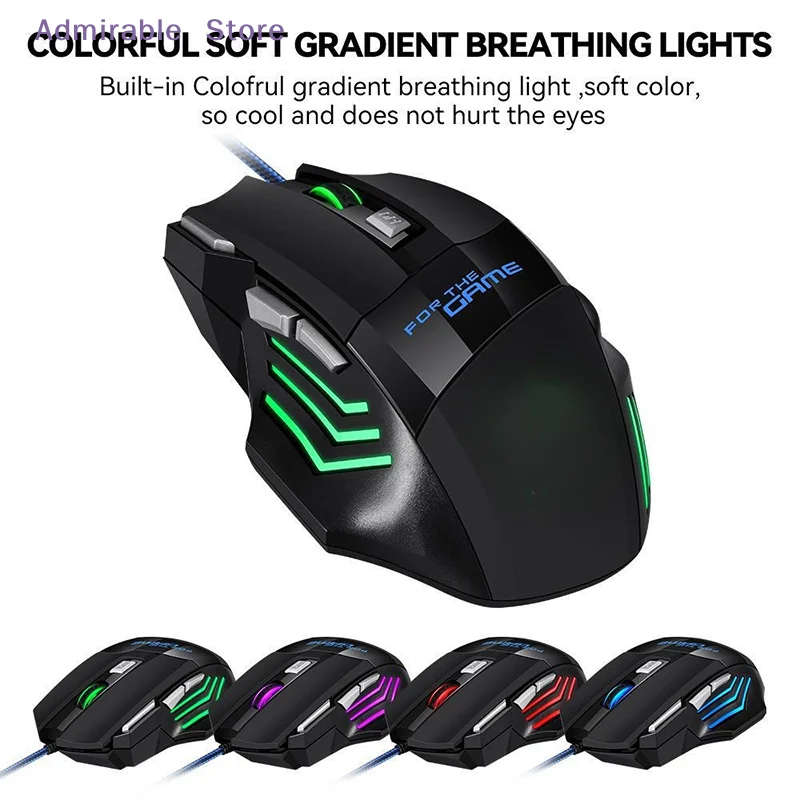 [W]Rato de jogos com fio USB, retroiluminação RGB, design ergonómico, 2400 DPI, 7 botões, 7 cores, para portátil, computador de secretária.