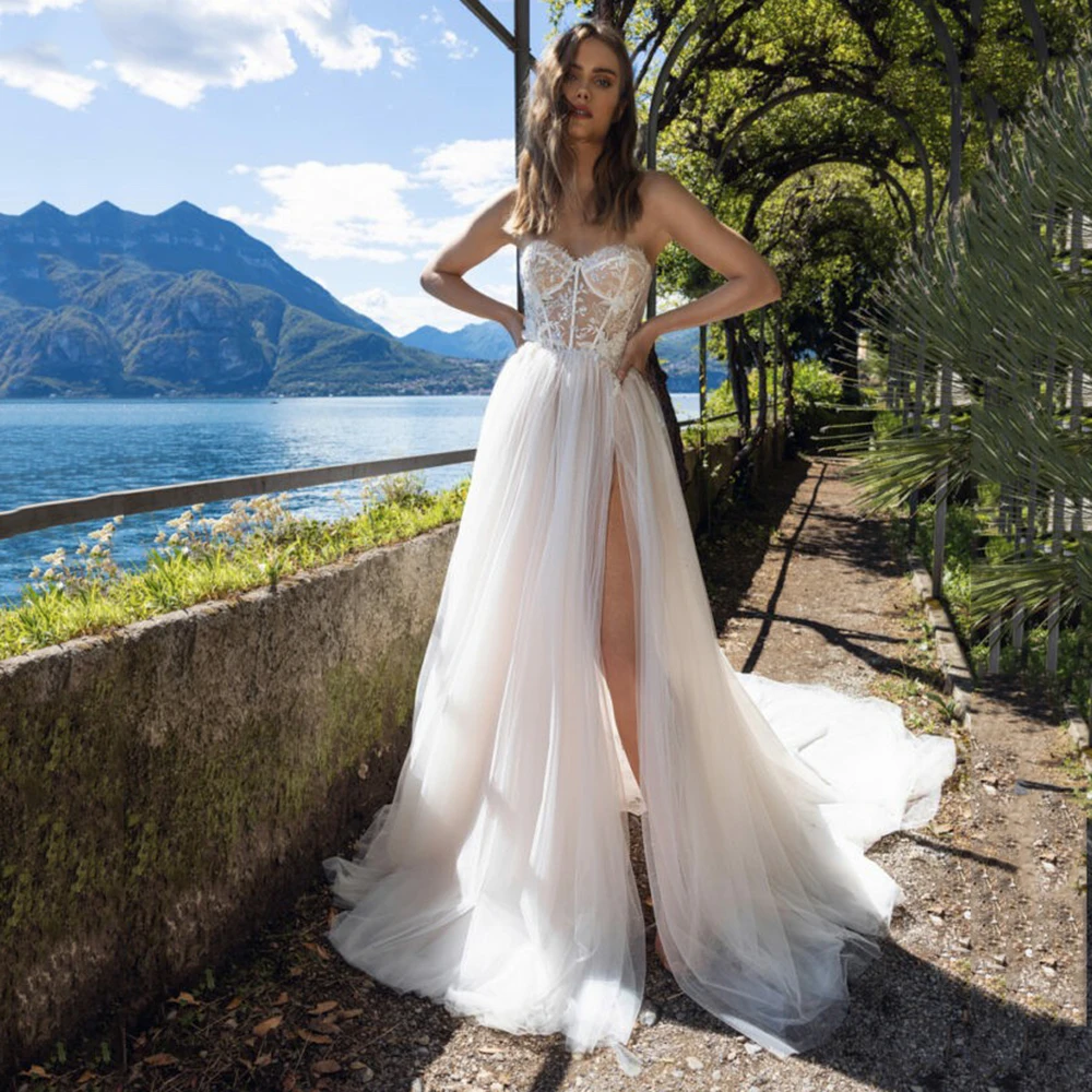 

Chic A-Line Beach Wedding Dresses Sweetheart High Slit Bridal Gowns Sexy Brides Dress For Women Robe De Mariee Customize