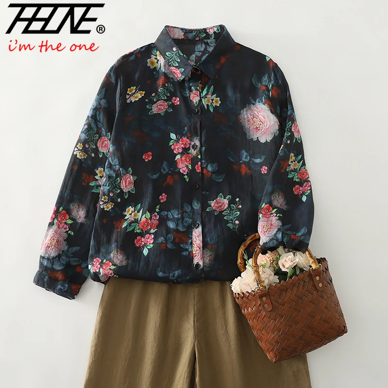 

THHON, осенняя женская блузка, 2021, хлопково-льняная блузка с принтом, Blusa Mujer, повседневные рубашки с длинными рукавами, модная элегантная женская одежда
