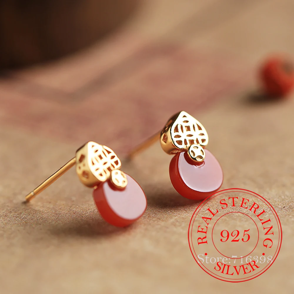 

Серьги-гвоздики из стерлингового серебра 925 пробы с красным агатом и нефритом в форме тыквы для женщин, ювелирные украшения для свадебных торжеств, подарок для девушки или подруги