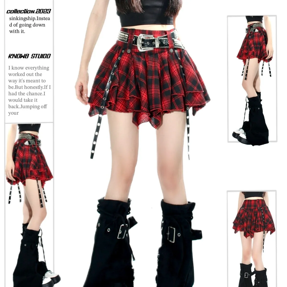 Irregular Red Plaid  Skirt Commute Style mid Waist Design Standard Version A-Line Skirt Polyester Fiber Silk Glossy Finish