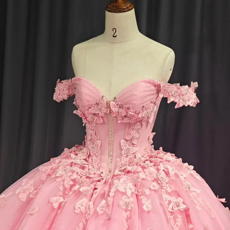 

Customized Shiny Pink Quinceanera Dresses Off the Shoulder sequin butterfly applique Lace Long tail Bow Vestido 15 Quinceanera