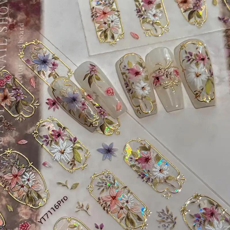 【5D Embossed Flower Nail Art Stickers Glitter Laser Petal Self Adhesive Nail Slider Decals Decorations Accessories DIY】