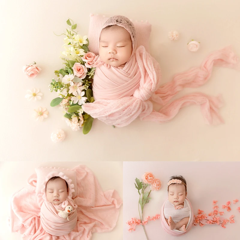 Vestiti per fotografia per bambini Cappello di pizzo stile principessa carino + cuscino per posa + involucro + set di fiori simulati Accessori per servizio fotografico neonato