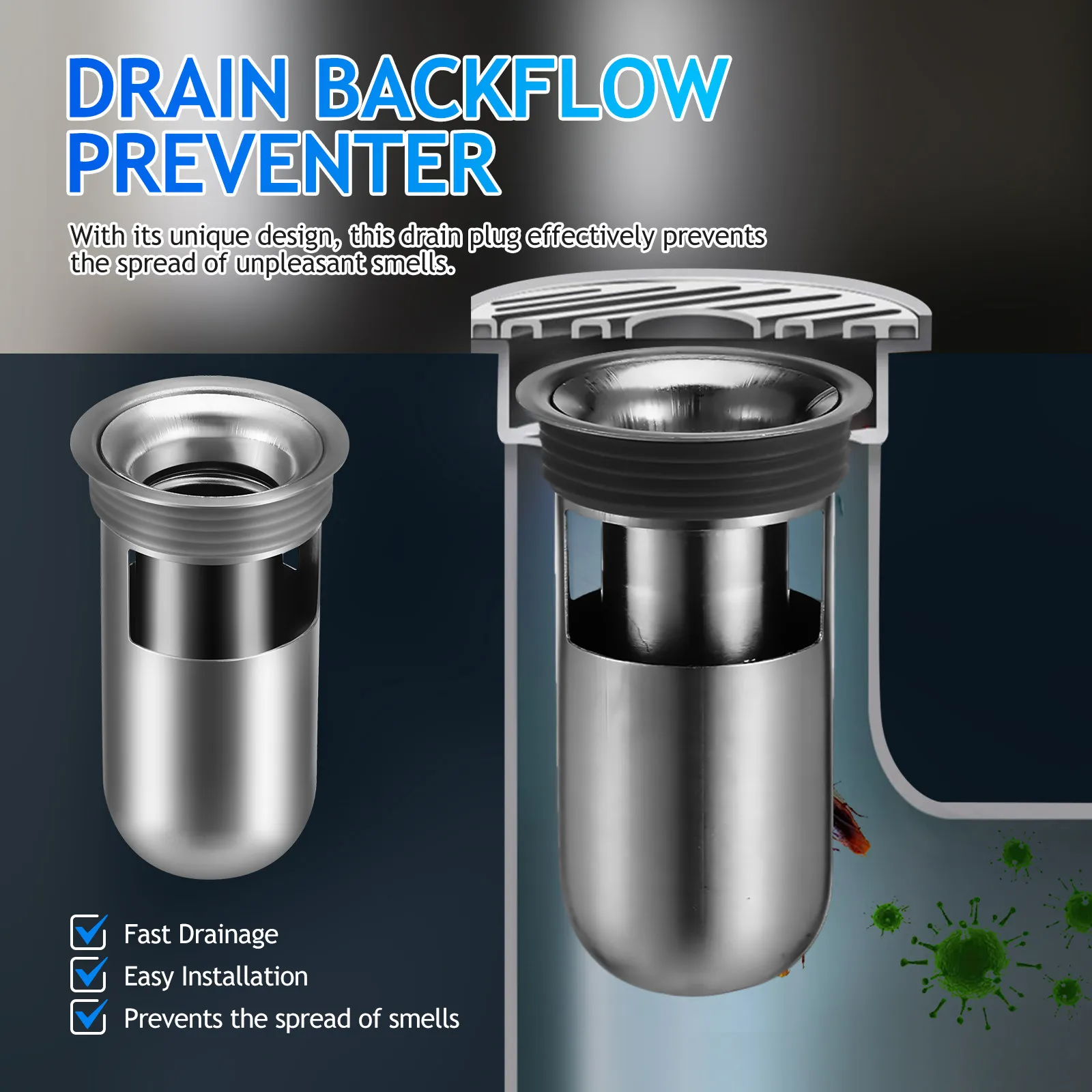 Stainless Steel Floor Drain Backflow Preventer Core 304 Grade Multiple Seals Odor Proof Easy Install Shower Floor Drain Bathtub