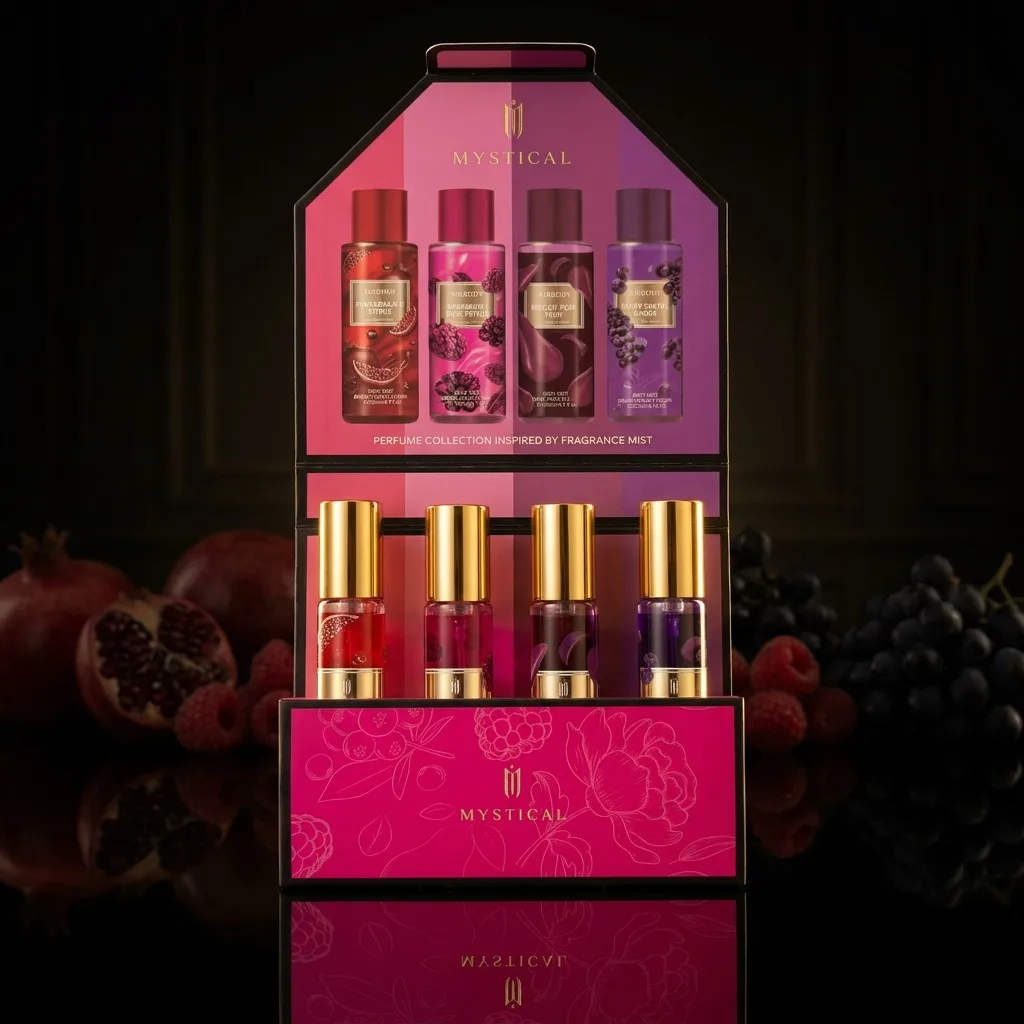 MYSTICAL 4pcs Berry & Fruit Perfume Set, Long Lasting EDP Fragrance Discovery Kit for Cocktail Parties, Vacations & Daily Wear, Raspberry Rose, Pomegranate Citrus & Merlot Pear, 0.68oz X 4 Travel Sampler, Luxury Beauty Gift for Her, Girlfriend