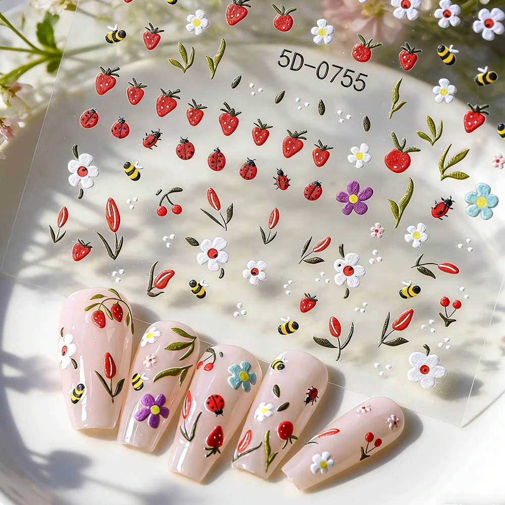 1/2Pcs 5D Embossed Kawaii Ladybug Nail Art Stickers Spring Daisy Flowers Nails Decals DIY Simple Petals Wedding Manicure Sliders