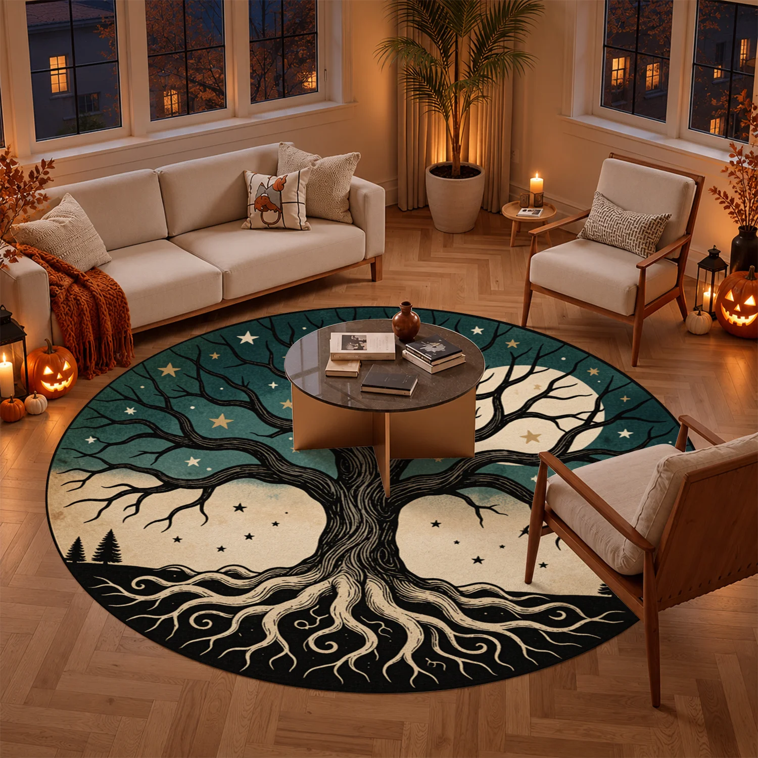 Celestial Tree of Life Starry Night Round Area Rug Velvet Machine Washable Soft Floor Mat for Living Room Bedroom Dining Room Entryway Halloween Thanksgiving Christmas New Year Black Friday Cyber Monday Home Decor