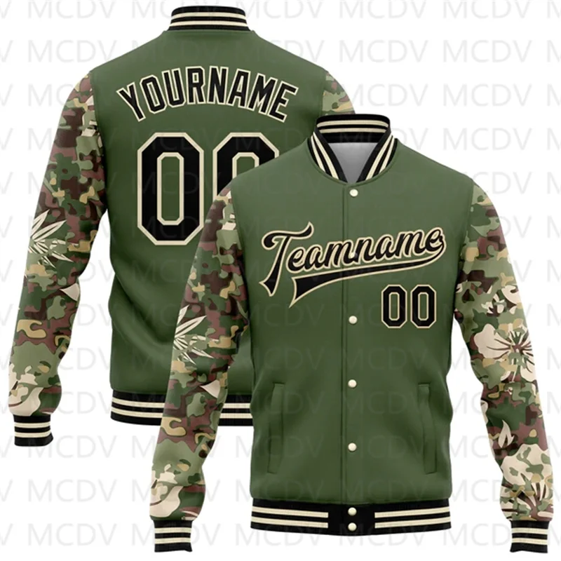 

Custom Olive Black-Or Hawaii Palm Leaves Camo 3D Pattern Design Bomber Full-Snap Varsity Letterman Salute To Service Jacket