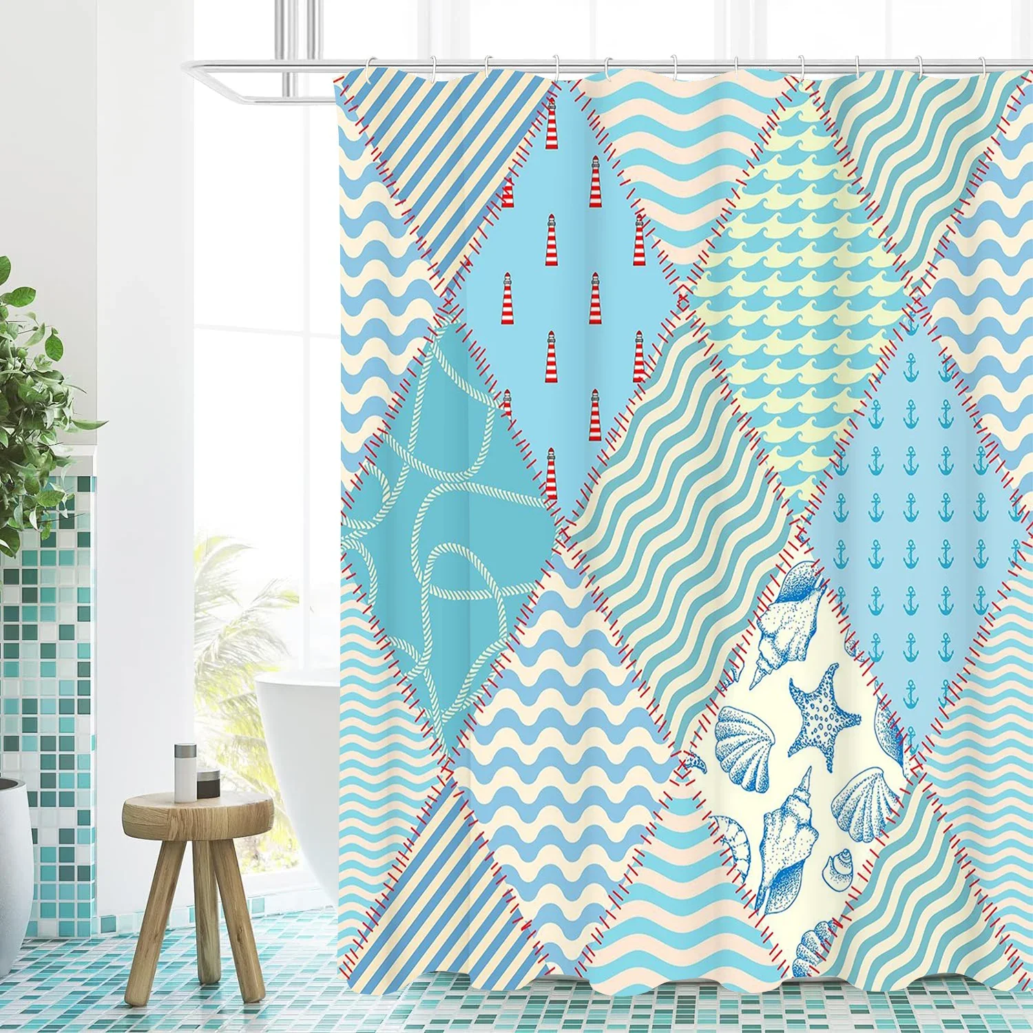 

Занавеска для купания с геометрическим узором, занавеска для душа с буквами для ванной комнаты, водонепроницаемая с 12 крючками, рыбками, домашний деко