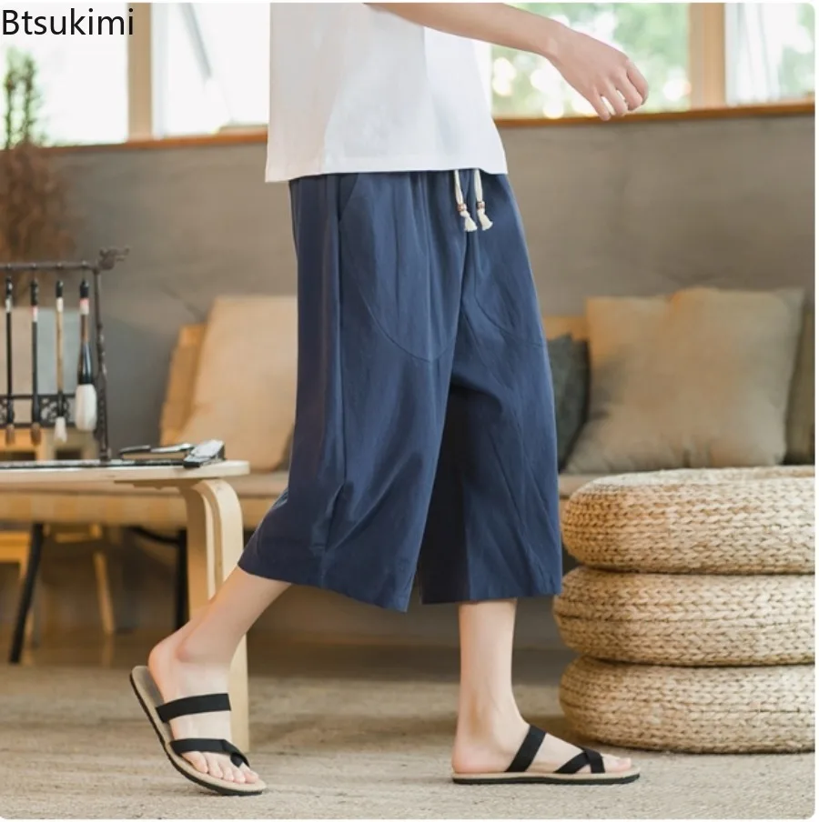

Casual Loose Men's Cotton Linen Pants Summer New Solid Breathable Chinese Style Cropped Pants Vintage Streetwear Male Plus Size