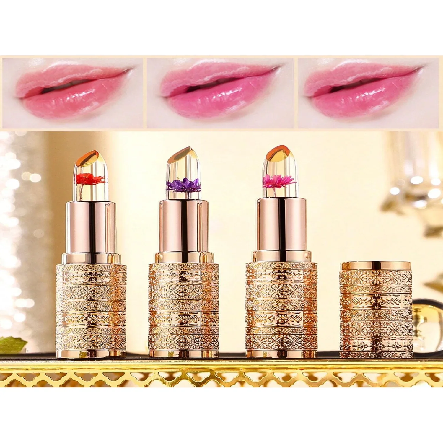 

1pc Tri Color Gold Foil Petal Warm Moisturizing Lipstick 0.12oz Jelly Texture Deep Moisturizing Lip Discoloration Lasting Moistu